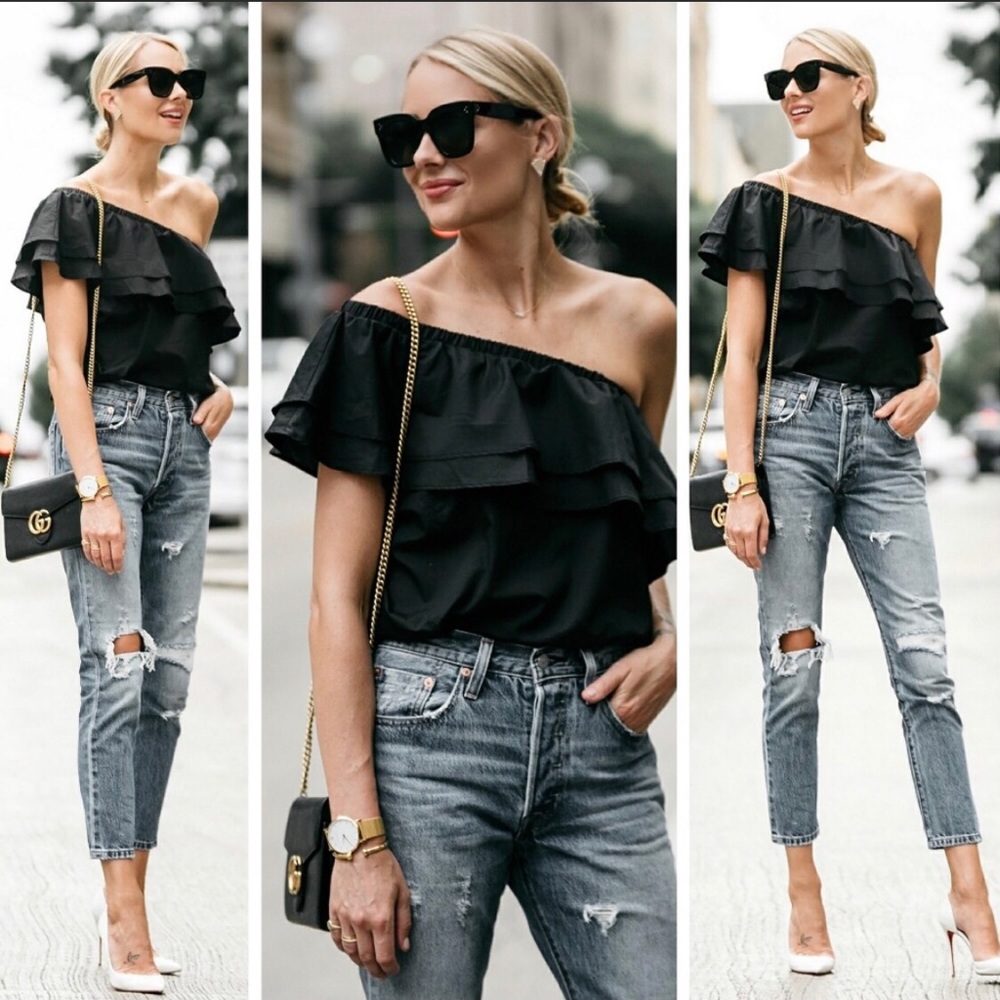 Halogen Black One Off Shoulder Ruffle Top Size S
